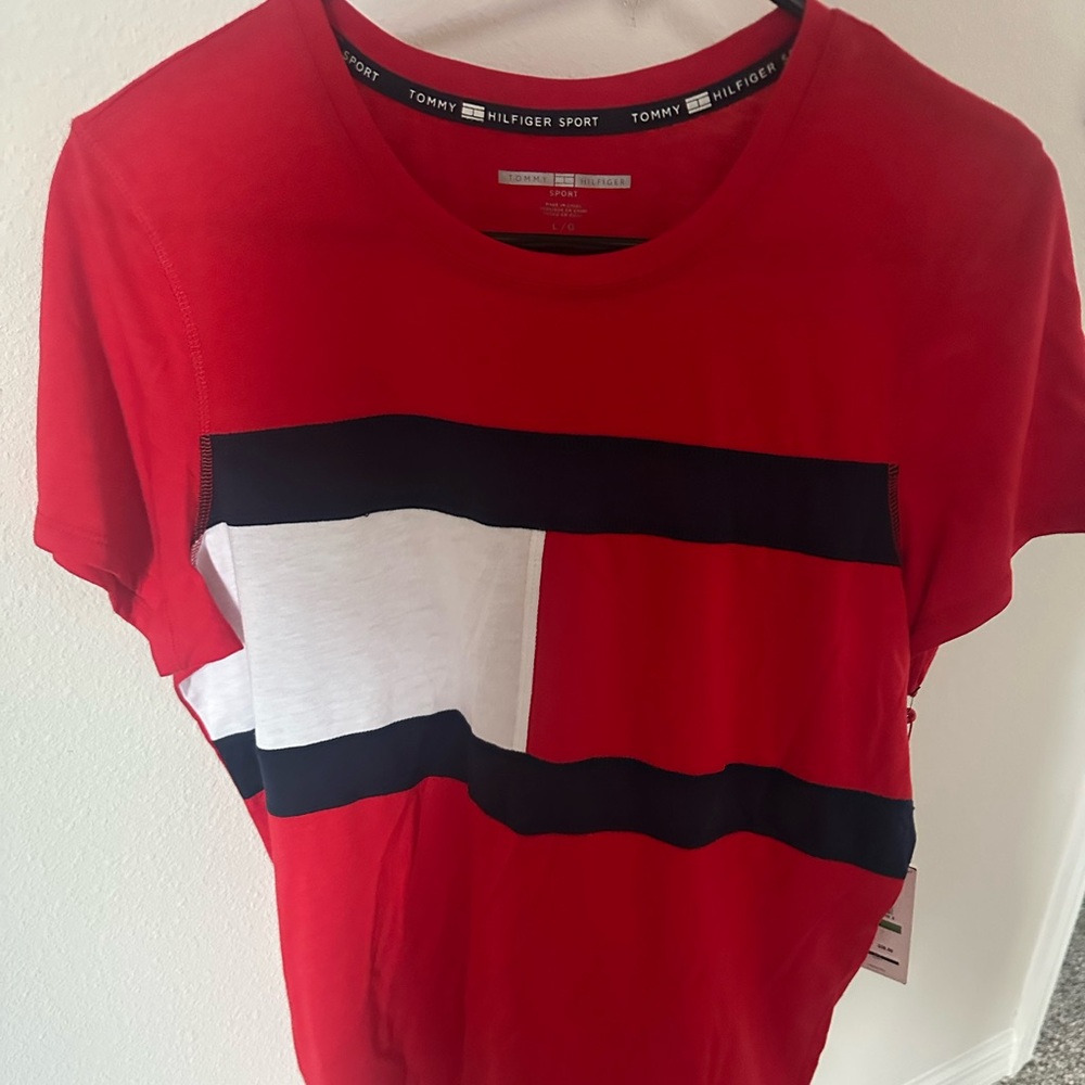Tommy Hilfiger Women's Red Tee with Blue and White Stripes